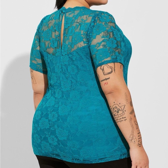 Torrid Teal Stretch Lace Crew Neck Puff Sleeve Top Size 00 - Picture 4 of 12